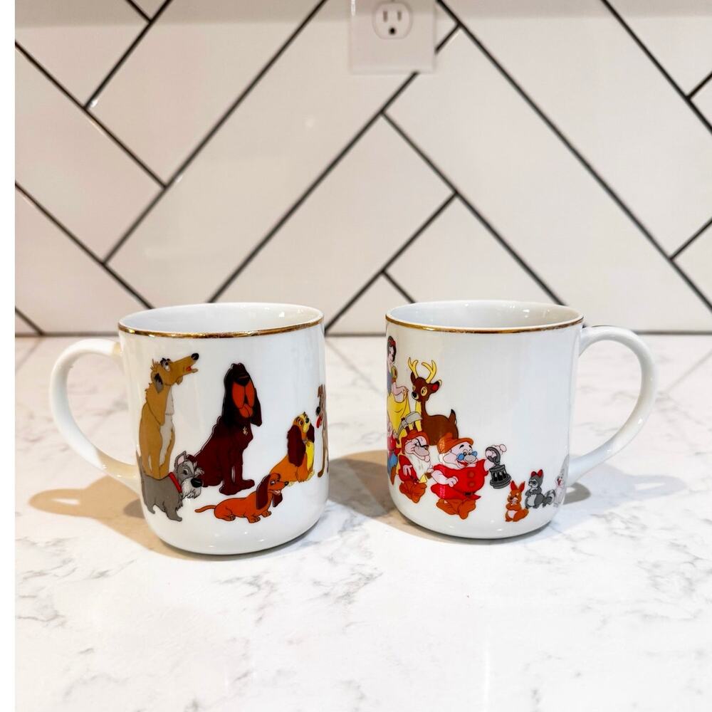 vintage Walt Disney Lady and the Tramp Ceramic and Snow White Coffee Mugs 70s
